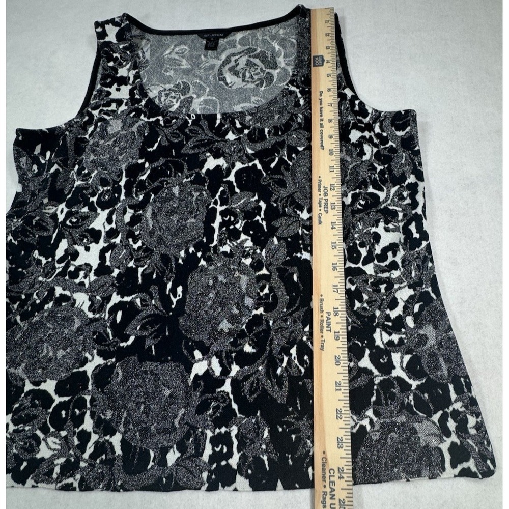 St John XL Black White Silver Floral Knit Shell Sleeveless Top Rayon USA Luxe - Picture 6 of 16
